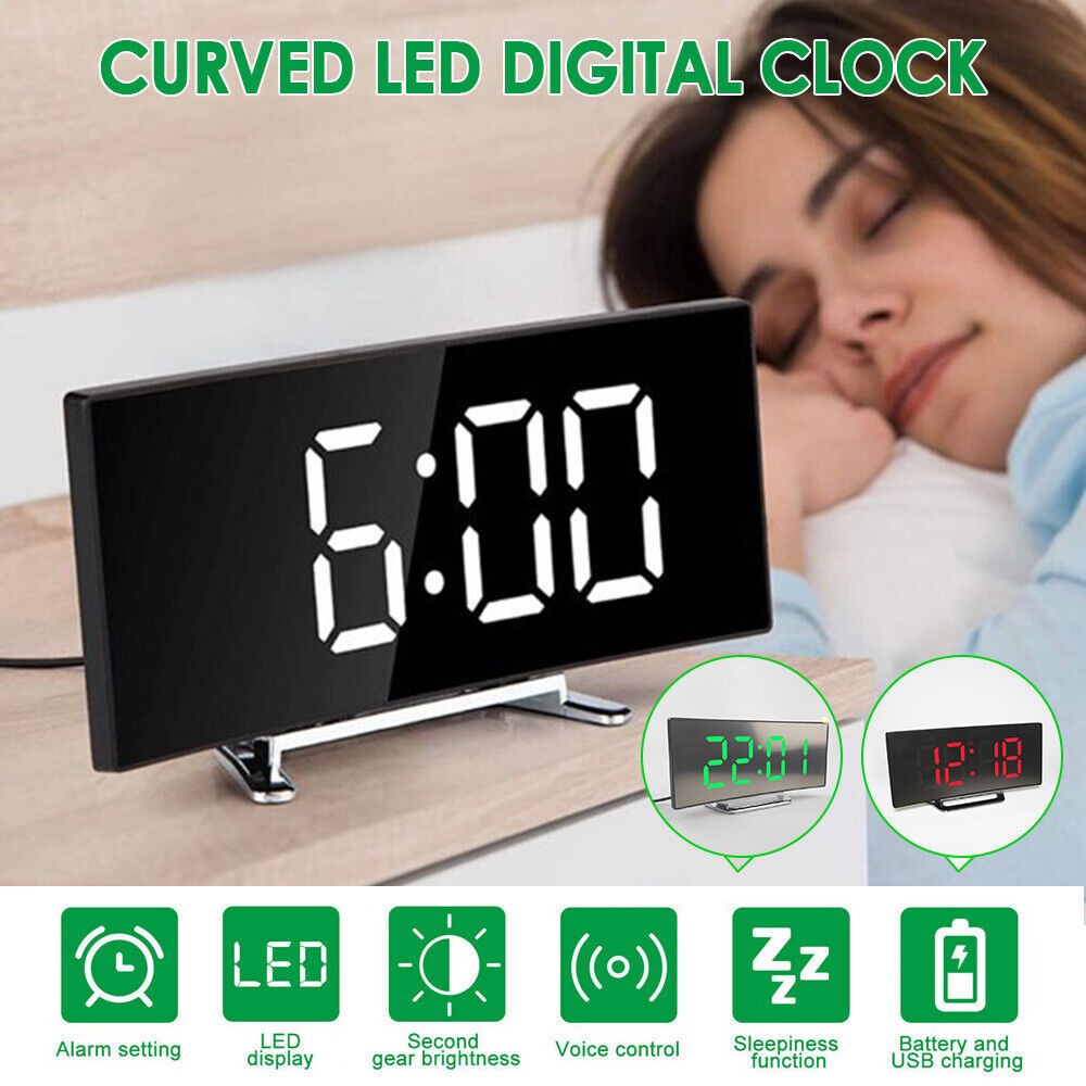 LED Digital Alarm Clock USB Temperature Curved Display Snooze Bedside Modern Hot