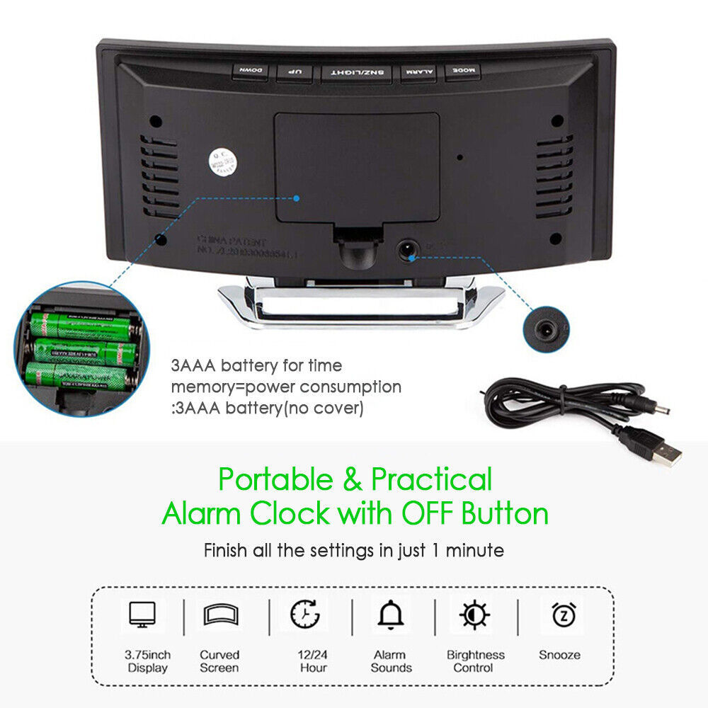 LED Digital Alarm Clock USB Temperature Curved Display Snooze Bedside Modern Hot - Image 10