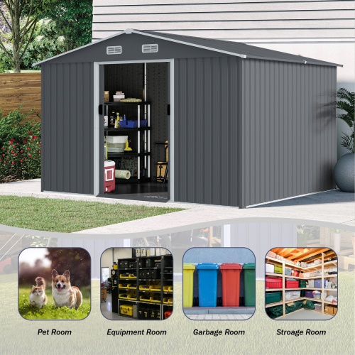 Outdoor Storage Shed 8 X 10 FT Large Metal Tool Sheds Heavy Duty Storage House With Sliding Doors With Air Vent For Patio Lawn To Store Bikes Tools, Lawnmowers Grey - Image 3
