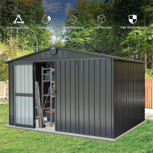 Outdoor Storage Shed 10'x 8, Metal Garden Shed For Bike, Trash Can, Tools, Galvanized Steel Outdoor Storage Cabinet With Lockable Door For Backyard, Patio, Lawn 10x8ft, Dark Gray - Image 3