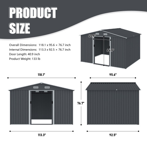 Outdoor Storage Shed 8 X 10 FT Large Metal Tool Sheds Heavy Duty Storage House With Sliding Doors With Air Vent For Patio Lawn To Store Bikes Tools, Lawnmowers Grey - Image 6