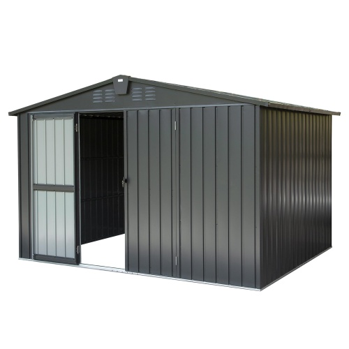 Outdoor Storage Shed 10'x 8, Metal Garden Shed For Bike, Trash Can, Tools, Galvanized Steel Outdoor Storage Cabinet With Lockable Door For Backyard, Patio, Lawn 10x8ft, Dark Gray