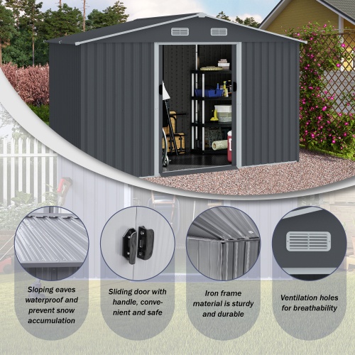 Outdoor Storage Shed 8 X 10 FT Large Metal Tool Sheds Heavy Duty Storage House With Sliding Doors With Air Vent For Patio Lawn To Store Bikes Tools, Lawnmowers Grey - Image 5