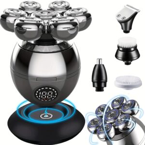 Detachable Head Shavers, LARGNER 5 In 1 Electric Razor IPX7 Waterproof For Bald Men, Wet Dry LED Display Rechargeable 7D Rotary Shaver Grooming Kit With Type C Charge A,Bright Silver