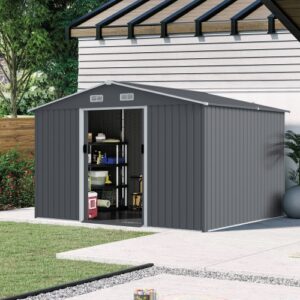 Outdoor Storage Shed 8 X 10 FT Large Metal Tool Sheds Heavy Duty Storage House With Sliding Doors With Air Vent For Patio Lawn To Store Bikes Tools, Lawnmowers Grey